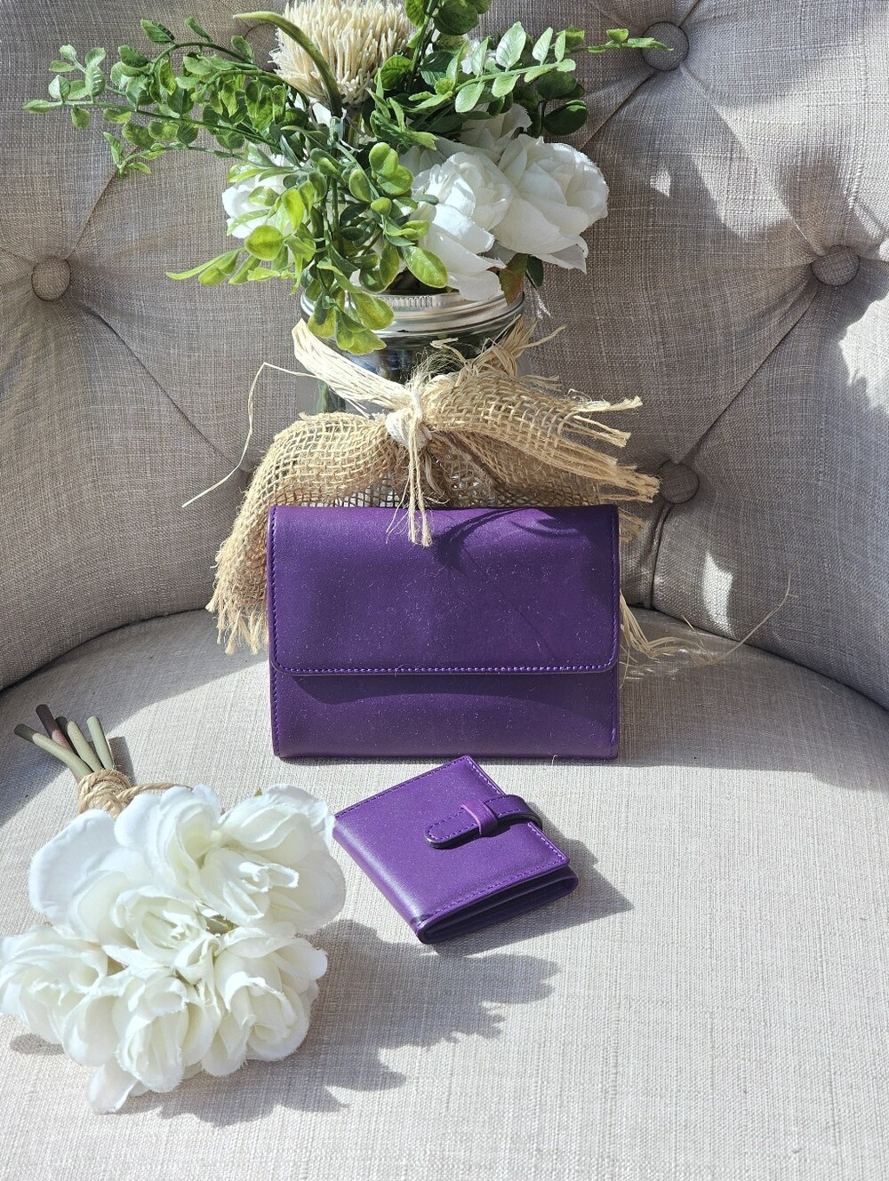 Vintage Coach Trifold Wallet & Mini Photo / Card Case Set ( Grape Purple )
